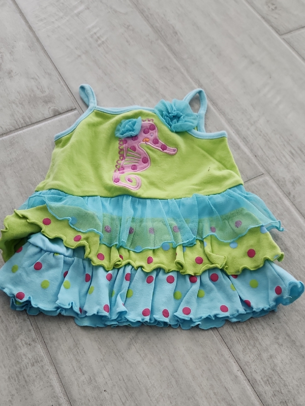 Toddler Sea Horse Tiered Ruffle Dress in Lime & Aqua